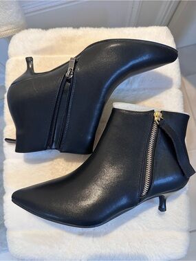 Black Pointed Ankle Booties with Side Zipper - Low Kitten Heel